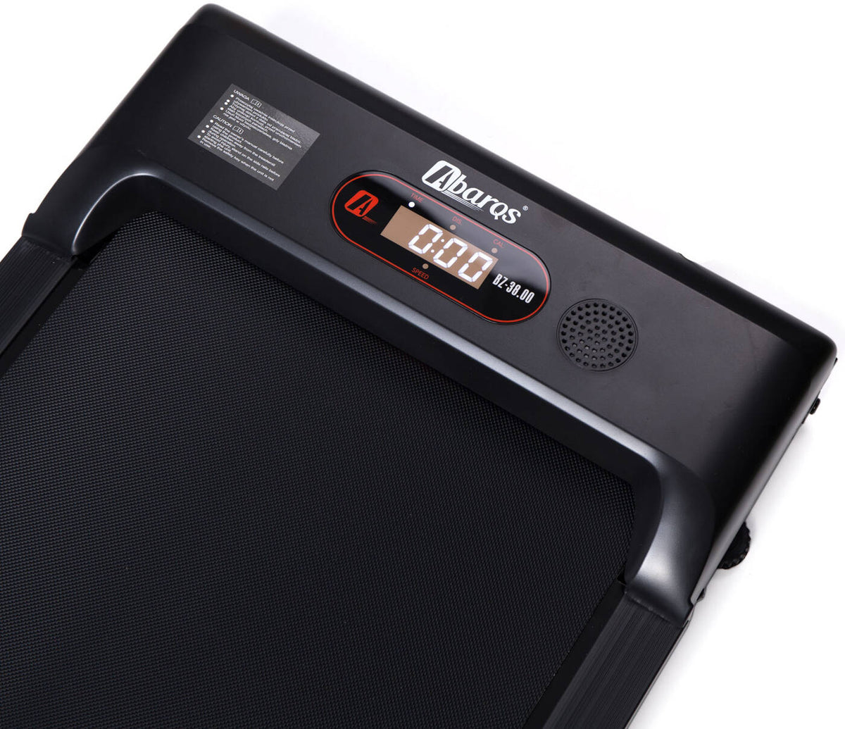 Top view of the AbarQs BZ-38.00 electric treadmill walking pad with digital display and speaker grille.