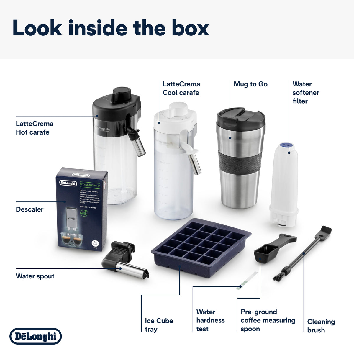 Accessories included with the DeLonghi Eletta Explore coffee machine, labeled and arranged on white background.