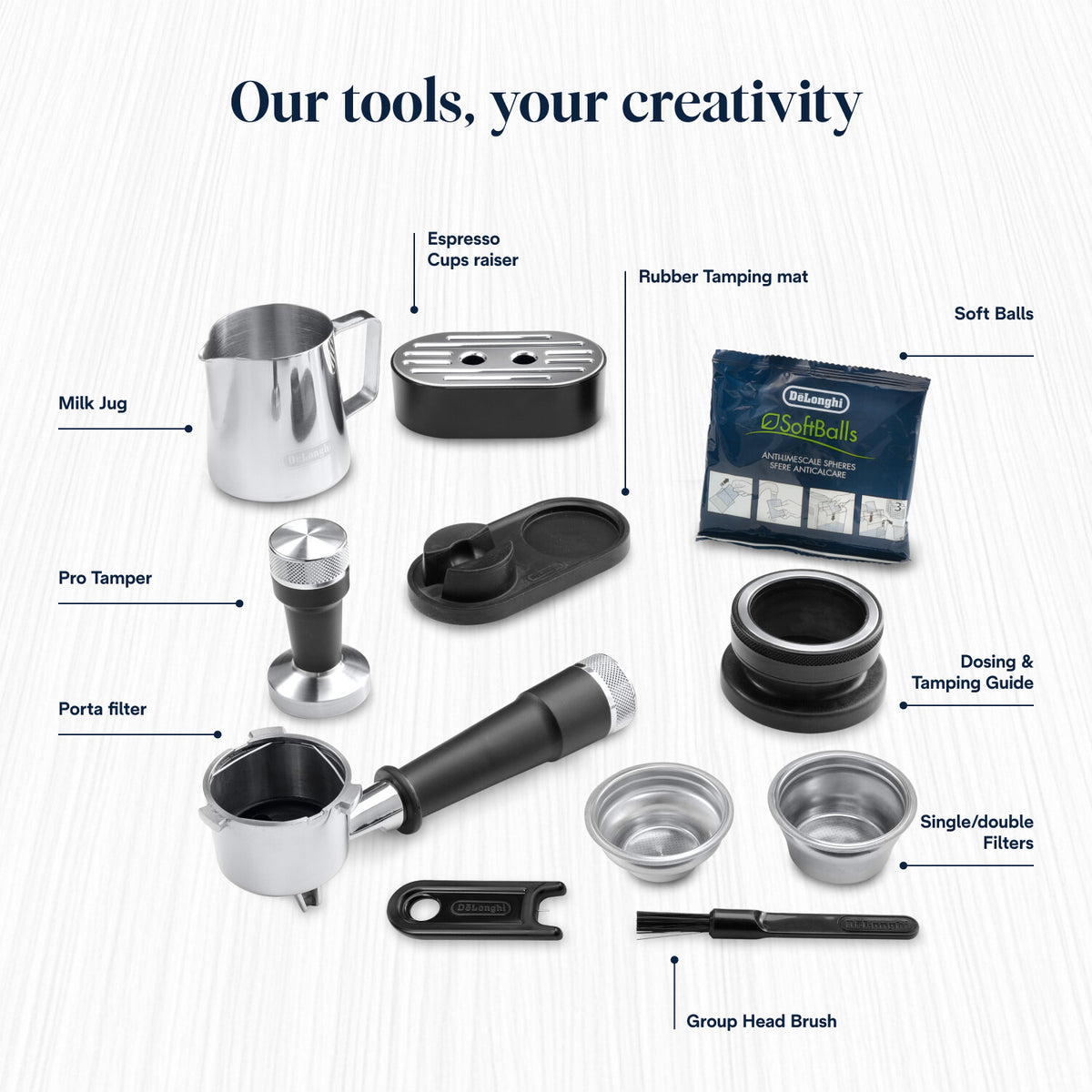 DeLonghi La Specialista Arte Evo espresso machine accessories including milk jug, tamper, filters, brush, and SoftBalls