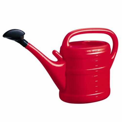 Red 10L plastic watering can with litre indicator and sturdy handle for outdoor gardening - Keans Claremorris