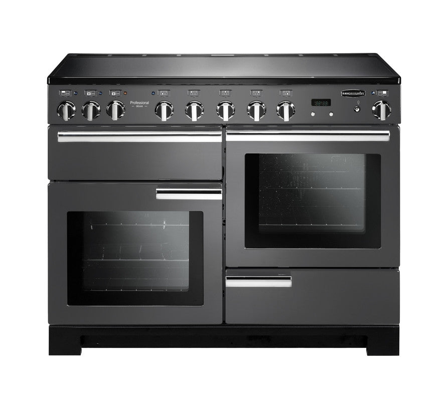 Rangemaster Professional Deluxe 110 induction range cooker in black with multiple ovens and control knobs