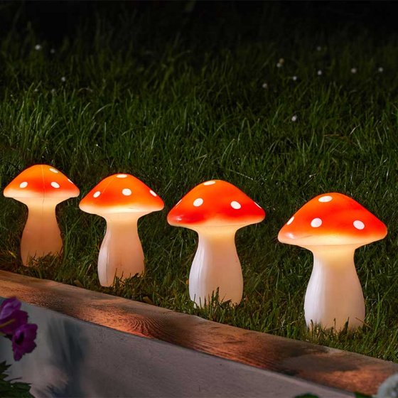 Fairy Mushroom Stake Lights set of 4 with cool white LEDs, solar-powered, 4.4m length, perfect garden décor – Keans