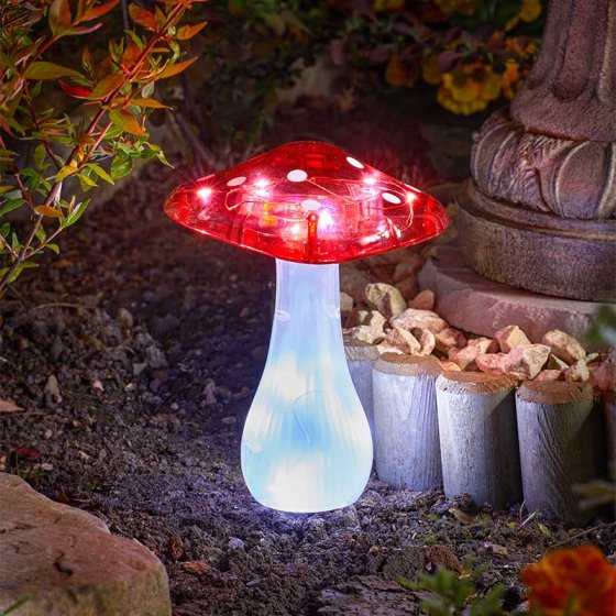 Magic Mushroom Stake Light with 10 warm white LEDs, solar-powered, auto-on at dusk, colorful garden décor - Keans Claremorris