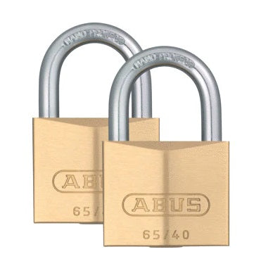 Abus Compact 40mm Brass Padlock Twin Pack with 3 Keys, hardened steel shackle, corrosion-resistant, from Keans Claremorris