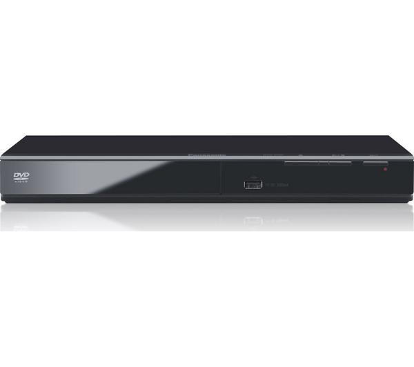 Panasonic DVD player with front USB port and disc tray, shown from the front on a white background.