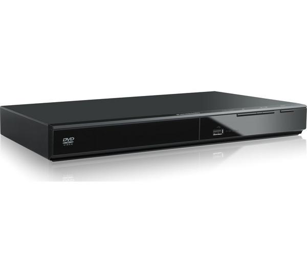 Panasonic black DVD player with front USB port and DVD Video logo on the left side.