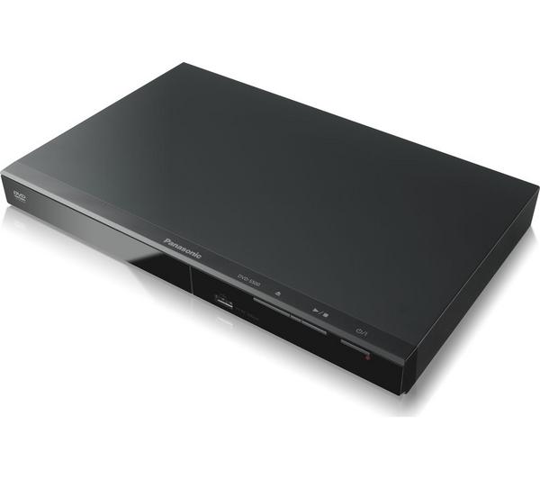 Panasonic DVD player in black with front USB port and disc tray, shown at a slight angle.