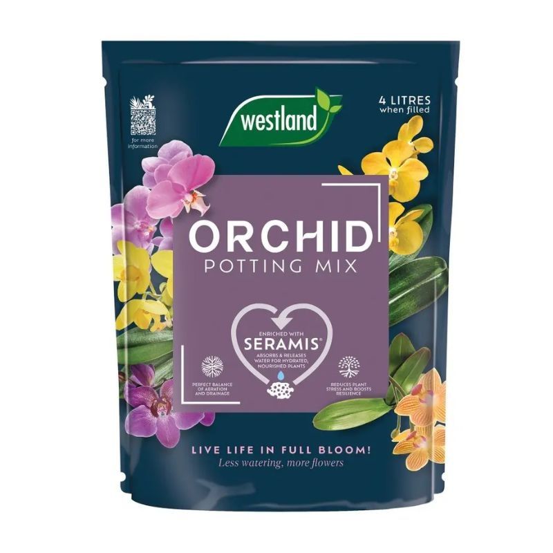 Westland Orchid Potting Mix 4L bag with colorful orchid flowers and Seramis enrichment details on packaging