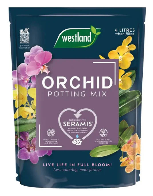 Westland Orchid Potting Mix 4L bag with colorful orchid flowers and Seramis enrichment label on front