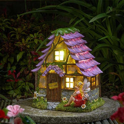 Fairy FlowerLodge solar-powered fairy house with white and color-changing LEDs, hand-painted, indoor/outdoor use - Keans