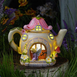Fairy Flowerpot solar-powered fairy house with color-changing LEDs, hand-painted, indoor/outdoor, 19x24x15cm - Keans