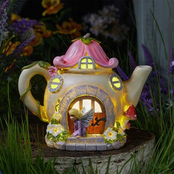 Fairy Flowerpot solar-powered fairy house with color-changing LEDs, hand-painted, indoor/outdoor, 19x24x15cm - Keans
