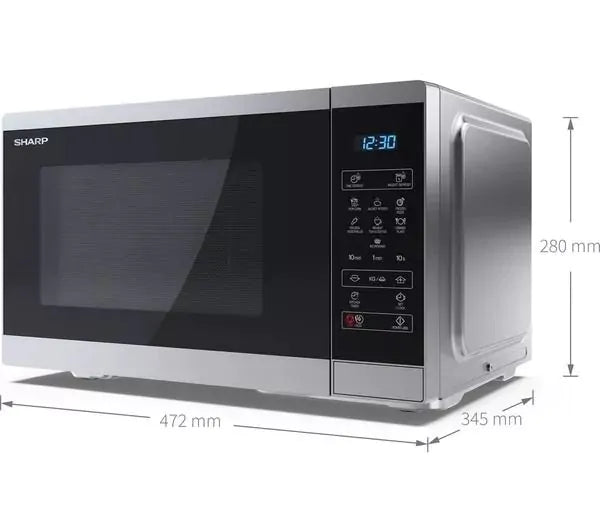 Sharp 25L 900W silver microwave with digital display and control panel, shown at a slight angle with dimensions.