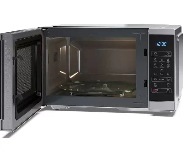 Sharp 25L 900W silver microwave with open door, showing interior and digital control panel lit to 12:30