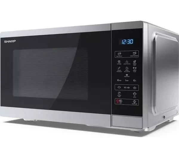 Sharp 25L 900W silver microwave with digital display and touch control panel on right side.