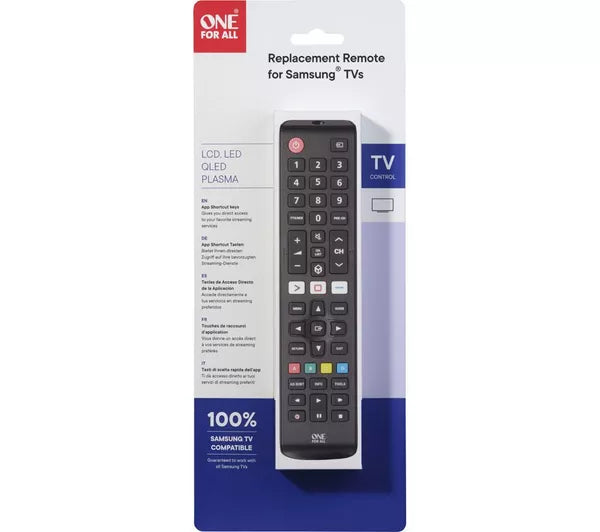 Samsung Smart TV replacement remote in black, shown in retail packaging with button layout visible.