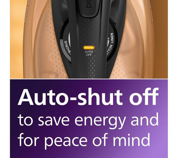 Close-up of Philips Steamglide Elite iron handle showing the illuminated auto-shut off indicator.