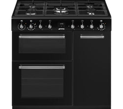 Smeg CX93GMBL 90cm black dual fuel range cooker with 5 burner gas hob and electric multifunction oven, from Kean’s