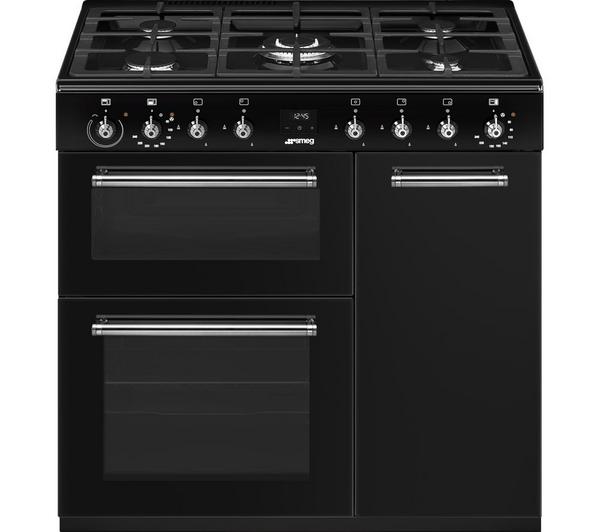 Smeg CX93GMBL 90cm black dual fuel range cooker with 5 burner gas hob and electric multifunction oven, from Kean’s
