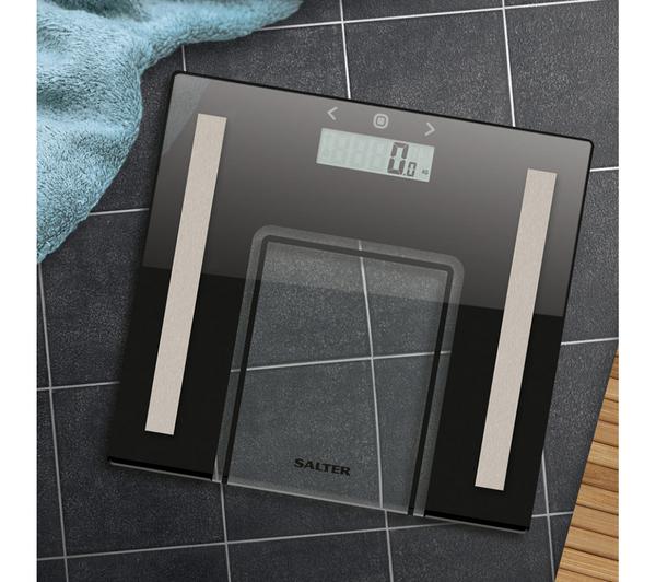Salter Glass Analyser Bathroom Scale in Black with digital display – available at Keans Claremorris