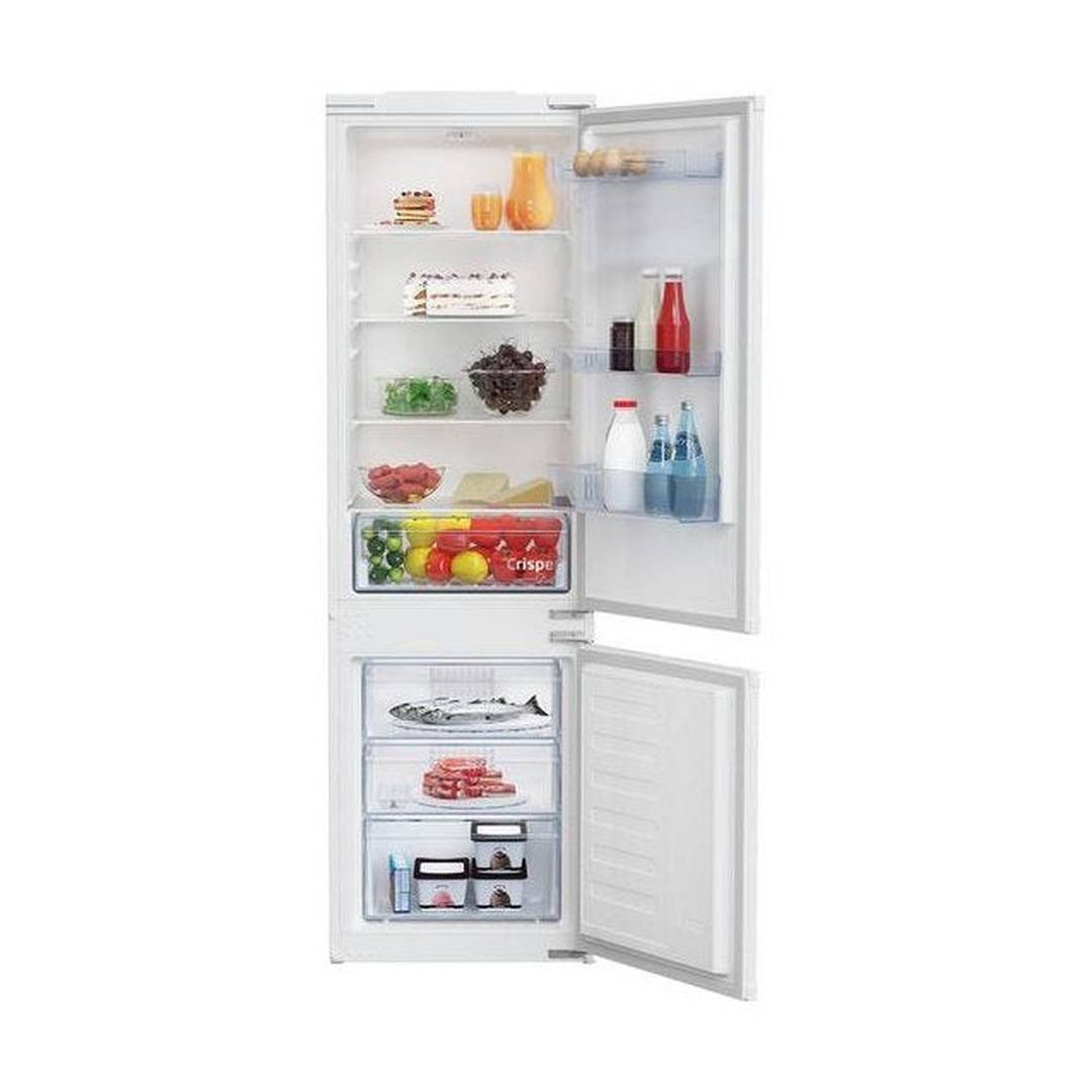Beko Integrated 70/30 fridge freezer with open doors showing stocked fridge and freezer compartments.