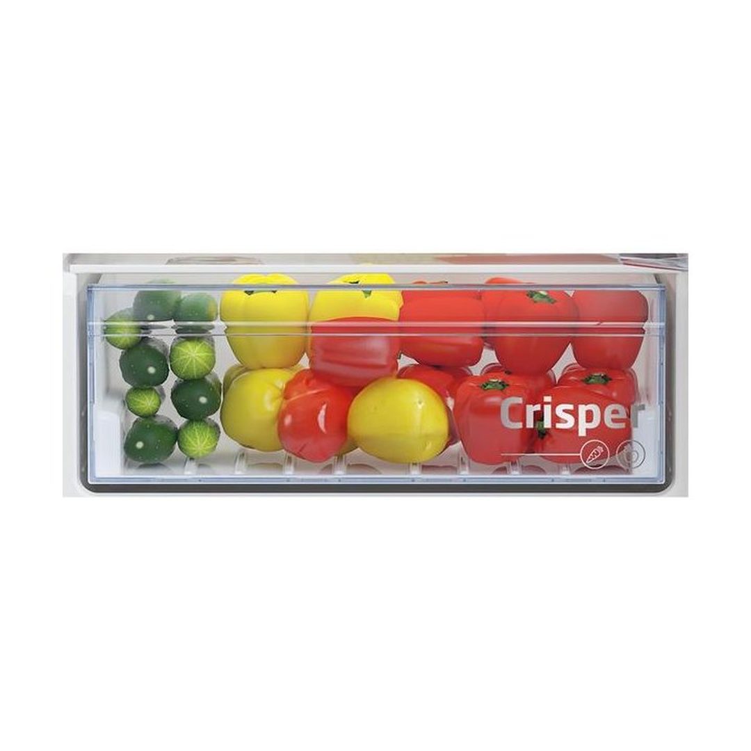 Crisper drawer filled with green, yellow, and red bell peppers inside Beko Integrated 70/30 fridge freezer.
