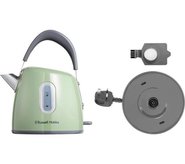 Russel Hobbs Stylevia sage green kettle with detachable base and cord, side water level window visible