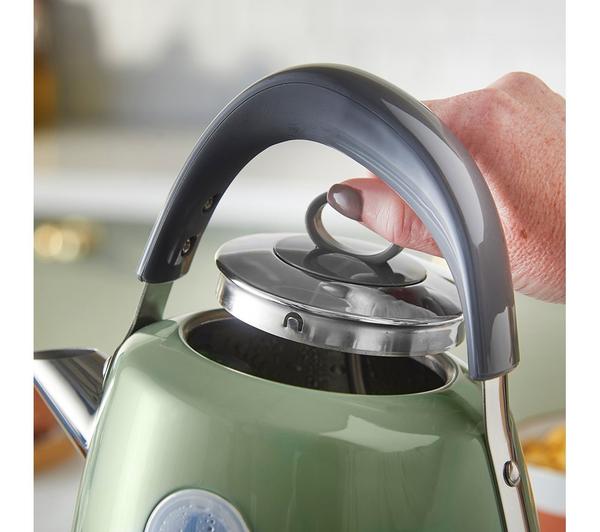 Russel Hobbs Stylevia Sage Green kettle with lid being lifted by hand, showing inside of kettle.