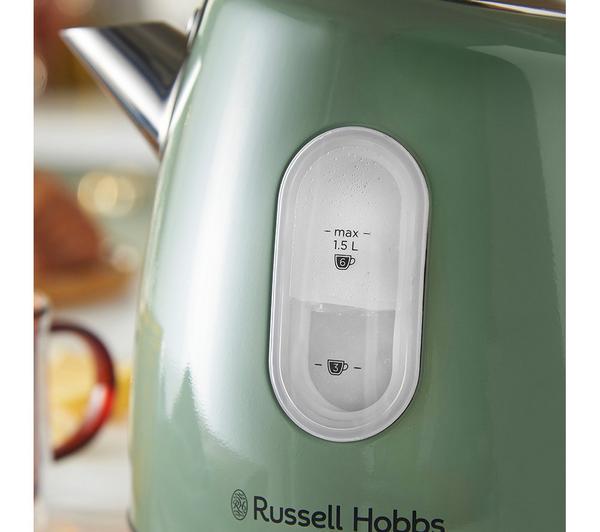 Close-up of the water level indicator on the sage green Russel Hobbs Stylevia kettle showing max 1.5L capacity.