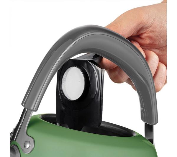 Close-up of a hand lifting the grey handle of the sage green Russel Hobbs Stylevia kettle.