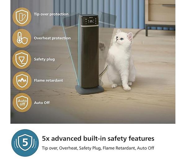 Philips Smart Tower Heater 5000 Series in dark grey with digital display, shown with a white cat beside it.