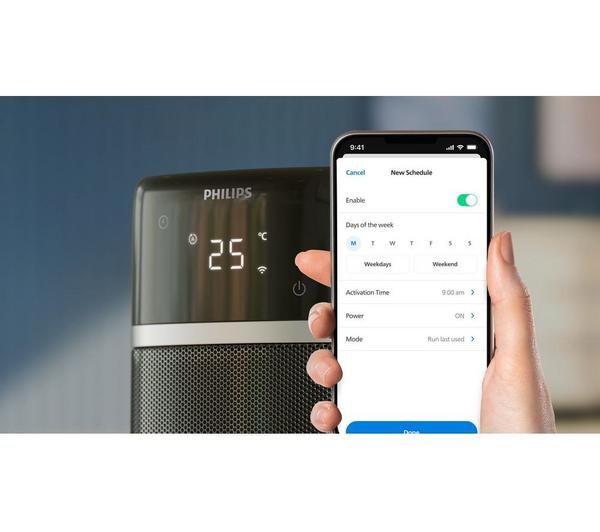 Philips Smart Tower Heater 5000 Series in dark grey showing digital display set to 25°C with smartphone app scheduling