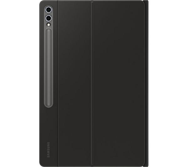 Black Samsung Tab S10+/S9+/S9FE+ book cover keyboard shown closed from the back with camera cutout and pen holder.