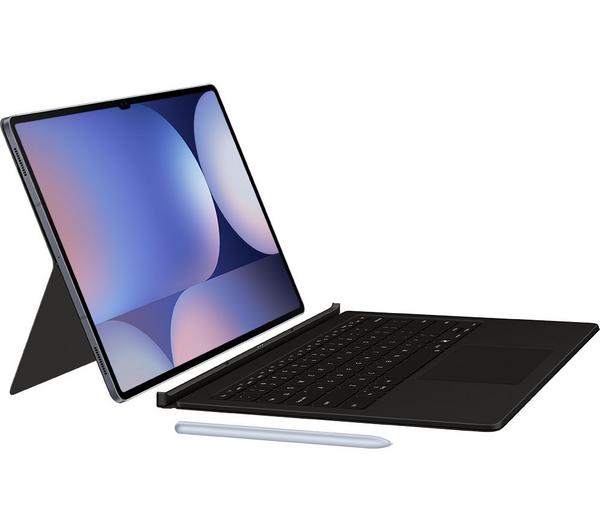 Samsung Tab S10+/S9+/S9FE+ with black book cover keyboard and stylus, tablet in landscape mode with kickstand.