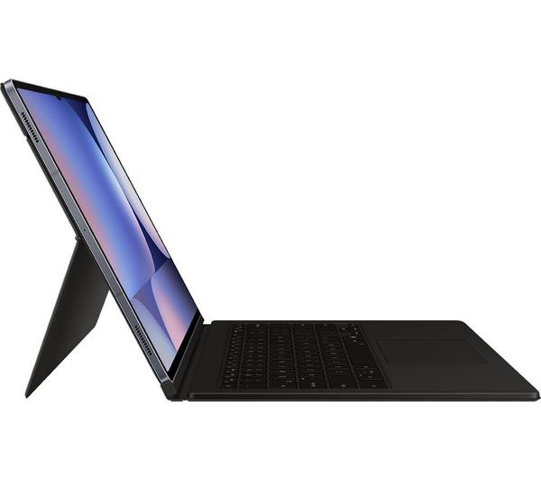 Samsung Tab S10+/S9+/S9FE+ in black book cover keyboard case with screen angled and keyboard visible