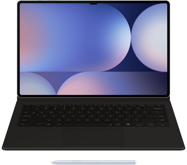 Samsung Tab S10+/S9+/S9FE+ with black book cover keyboard and stylus shown from front angle