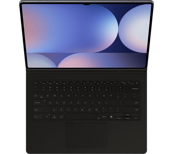 Samsung Tab S10+/S9+/S9FE+ in black book cover keyboard case, top-down view showing screen and keyboard.