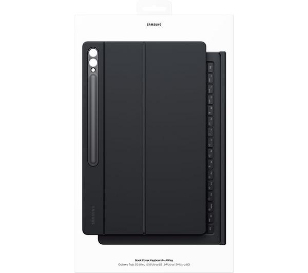 Samsung Tab S10+/S9+/S9FE+ black book cover keyboard with visible keys and pen holder on packaging.