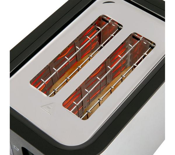 Close-up of the Russell Hobbs Heaton 2-slice toaster showing glowing heating elements inside the slots.