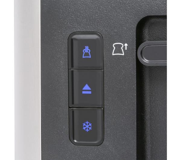 Close-up of Russell Hobbs Heaton Toaster 2 Slice control buttons for bagel, cancel, and defrost functions.