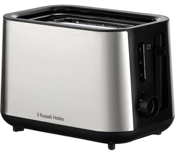 Russell Hobbs Heaton 2-slice toaster in stainless steel with black accents and control dial on the side