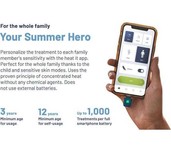 Hand holding smartphone with Heat-It Classic USB C insect bite healer attached, app screen visible