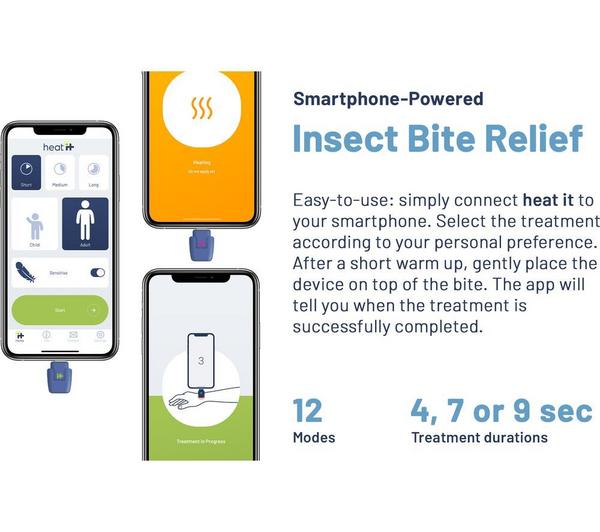Heat-It Classic USB C insect bite healer attached to smartphones showing app interface and treatment progress.