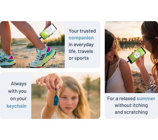 Heat-It Classic USB C insect bite healer shown in use on ankle, held on keychain, and displayed on phone screen outdoors.