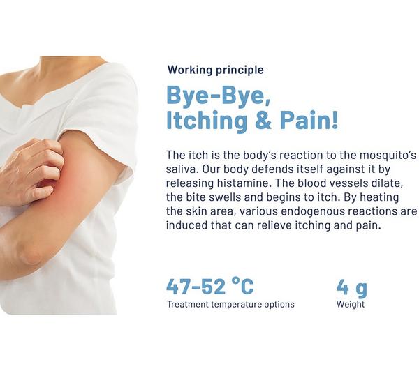 Person scratching red irritated skin on upper arm with text explaining Heat-It Classic USB C insect bite healer benefits and