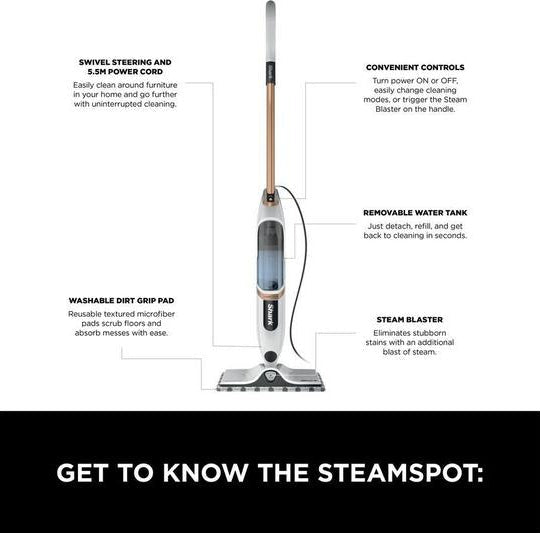 Shark SteamSpot S2001UK steam mop with removable water tank, washable pad, and Steam Blaster feature.