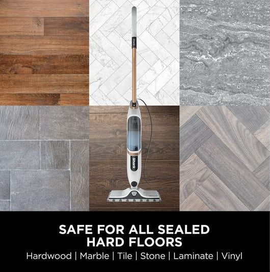 Shark SteamSpot S2001UK steam mop on wood floor with text listing compatible sealed hard floors.