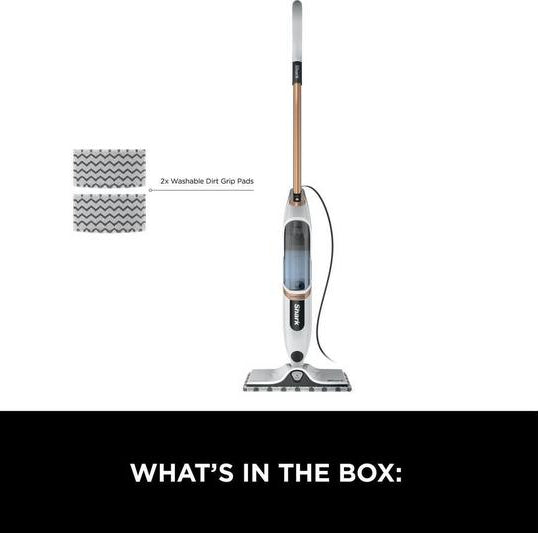 Shark SteamSpot S2001UK steam mop with two washable dirt grip pads shown on white background.