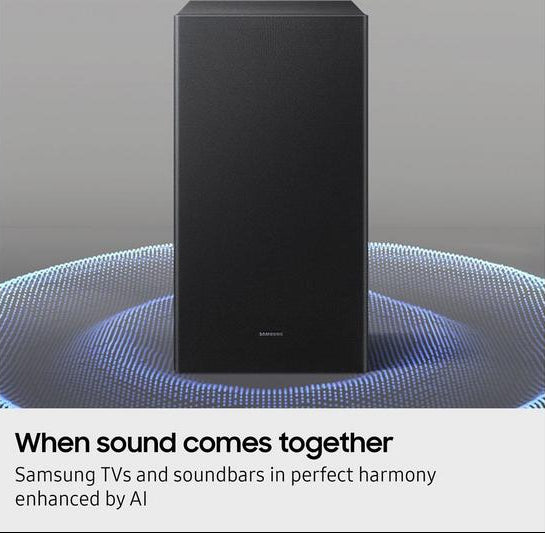 Samsung HW-B450F/XU wireless subwoofer speaker with digital sound waves surrounding its base.