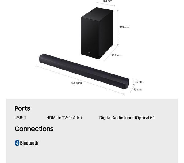 Samsung HW-B450F/XU 2.1 wireless soundbar and subwoofer with dimensions and connection ports shown.